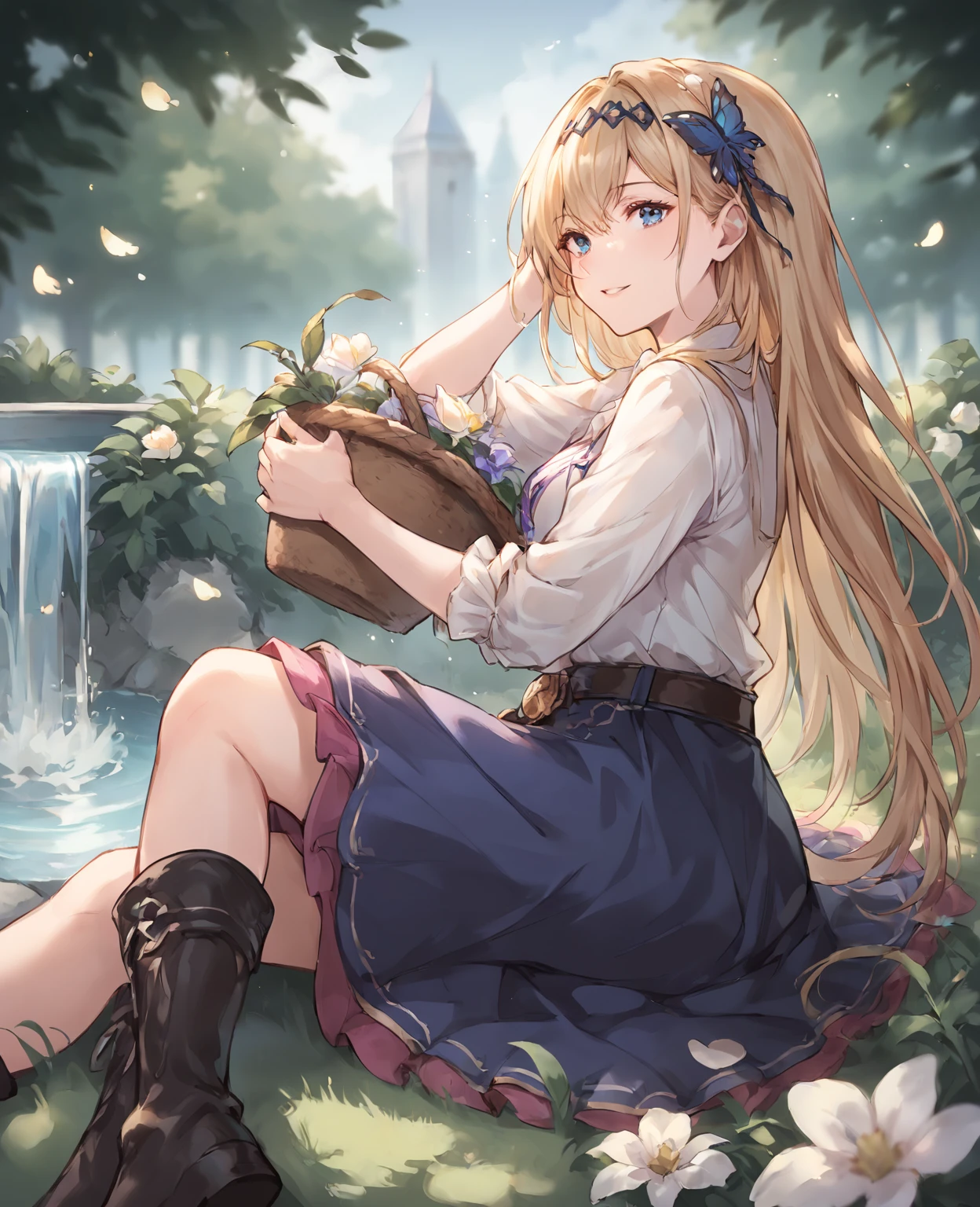 score_9,score_8_up,score_7_up,source_anime,rating_safe BREAK masterpiece,highres,best quality,high quality,dramatic angle,cinematic lighting,1girl,<lora:CygamesJeanne_V4_pony-000030:0.86>,blonde hair,blue eyes,Costume2,JeanneVillage,hair flower,hair ornament,hairband,headgear,white shirt,blue skirt,pink skirt,belt,holding a basket of flowers,boots,depth of field,blurry background,grass,flowers,petals,smile,parted lips,looking at viewer,layered skirt,frils,ribbon,close-up,sunshine,()from below:1.1),adjusting hair,portrait,long skirt,sitting,one leg up,fountain,woods,butterfly,from side