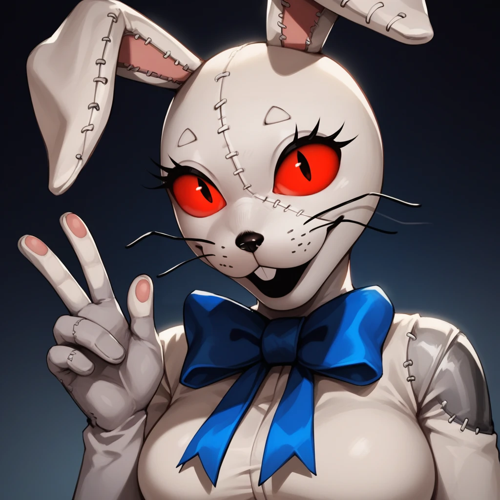 score_9,score_8_up,score_7_up,score_6_up,source_anime,rating_questionable, <lora:Vanny_-_FNAF:0.8> vanny_fnaf, rabbit costume, rabbit ears, red eyes, blue bow, furry, stitches, zPDXL2,