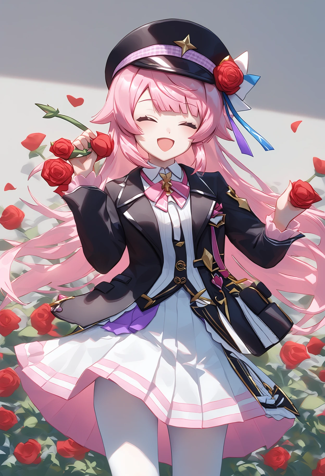 [ia ameijl style], solo, 1girl, skirt, closed eyes, smile, flower, white skirt, rose, hat, pantyhose, virtual youtuber, pink hair, pleated skirt, jacket, white pantyhose, red flower, open mouth, holding, bangs, masterpiece, best quality, masterpiece, best quality