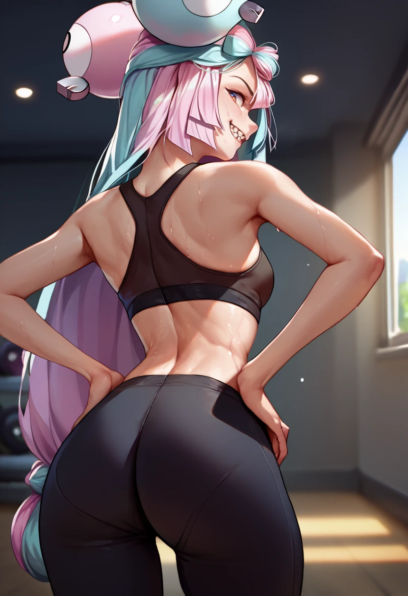 score_9, score_8_up, score_7_up, source_anime, from behind, solo, 1girl, pokemoniono, sharp teeth, sweat, smile, looking back, hands on own hips, bow-shaped hair, character hair ornament, black sports bra, black pants, yoga pants, ass, indoors, gym <lora:pokemon_iono_ponyXL:1>