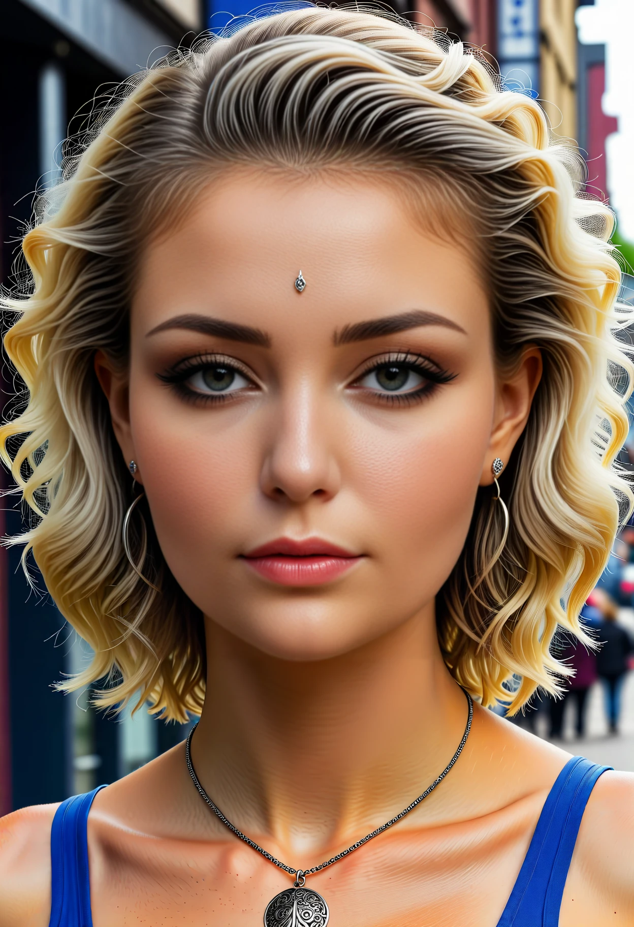 Hyperrealistic art Sensual woman with curly blonde hair, soft natural lighting, 4k resolution,<Urban Chic: Modern tattoos, sleek rings, stylish necklaces, sharp gaze, polished makeup, urban clothing, trendy shoes, minimal piercings, stylish.>, <lora:Wild_Beauty:1> . Extremely high-resolution details, photographic, realism pushed to extreme, fine texture, incredibly lifelike