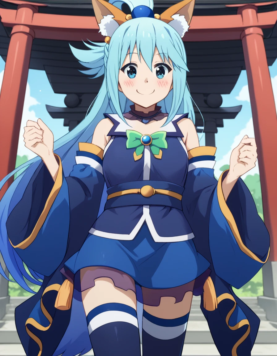 score_9, score_8_up, score_7_up, source_anime, konosubaaqua, <lora:konosuba-aqua-s2-ponyxl-lora-nochekaiser:1>, aqua (konosuba), long hair, blue eyes, hair ornament, very long hair, blue hair, hair rings, single hair ring, hair bobbles,, <lora:tamamo-no-mae-cosplay-ponyxl-lora-nochekaiser:1>, tamamonomaecosplay, tamamo no mae \(cosplay\), animal ears, bare shoulders, blue kimono, blue thighhighs, detached sleeves, fox ears, fox tail, japanese clothes, kimono, obi, sash, collarbone, thighhighs, wide sleeves,, shrine, smile, blush,, cowboy shot, dutch angle, solo,