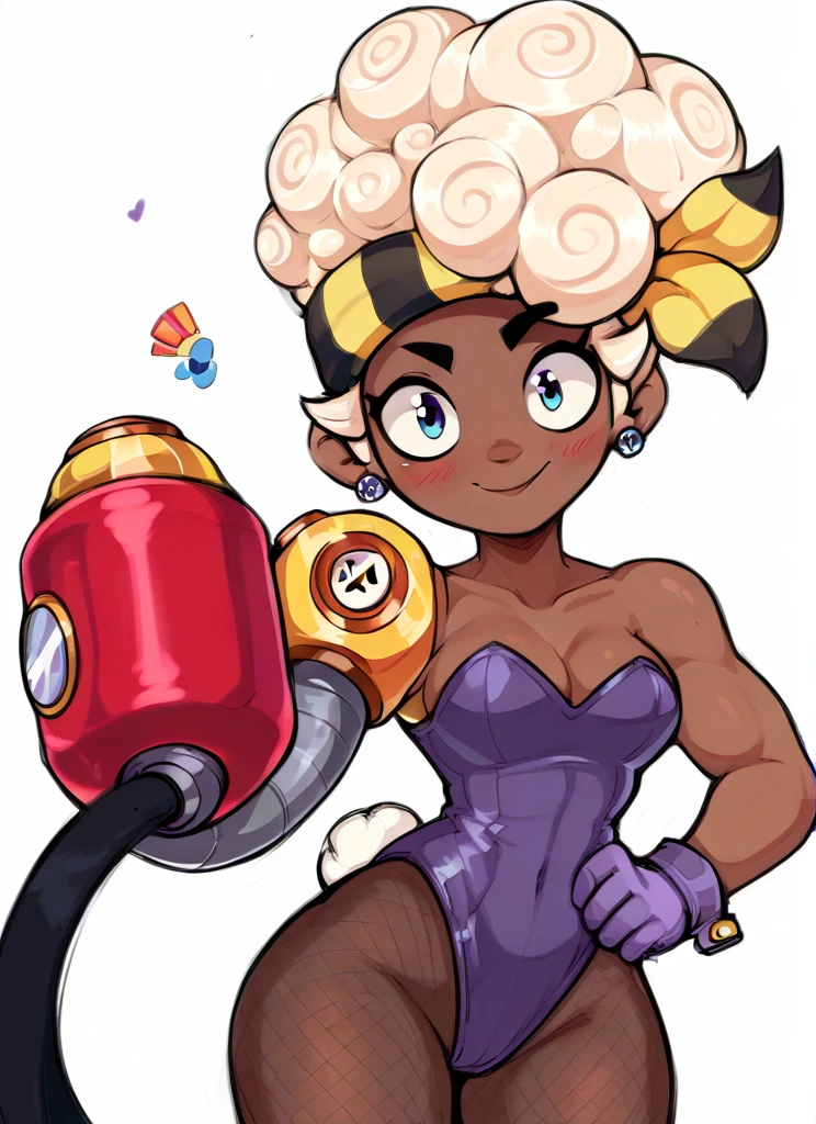 score_9, score_8_up, score_7_up bsmaisie, 1 girl , blonde hair , hairband , dark-skinned female , playboy bunny,purple gloves, looking at viewer, <lora:bsmaisie-000006:1.0>smile , blush, by s1120411 <lora:Aer0Zer0_Artist_Style:1> single mechanical arm,