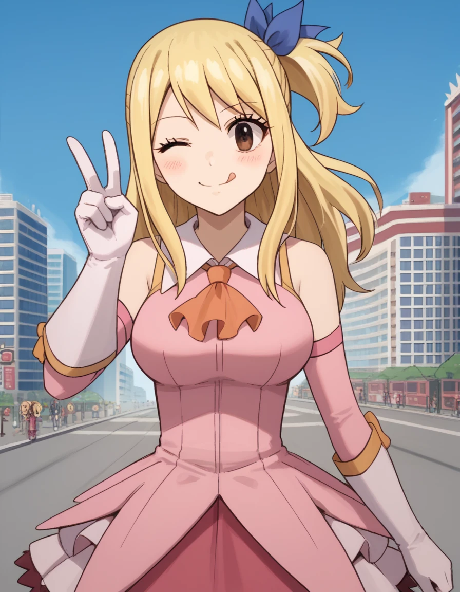 score_9, score_8_up, score_7_up, source_anime, lucyheartfilia, <lora:lucy-heartfilia-s7-ponyxl-lora-nochekaiser:1>, lucy heartfilia, blonde hair, brown eyes, long hair, one side up, ribbon, hair ribbon, blue ribbon, large breasts,, <lora:prisma-illya-cosplay-ponyxl-lora-nochekaiser:1>, prismaillyacosplay, prisma illya \(cosplay\), dress, elbow gloves, feather hair ornament, feathers, frilled dress, frills, gloves, hair ornament, layered gloves, magical girl, orange ascot, pink dress, pink feathers, pink gloves, pink sleeves, white gloves,, cityscape, street, smile, blush, v, v over eye, one eye closed, tongue out,, cowboy shot, dutch angle, solo,