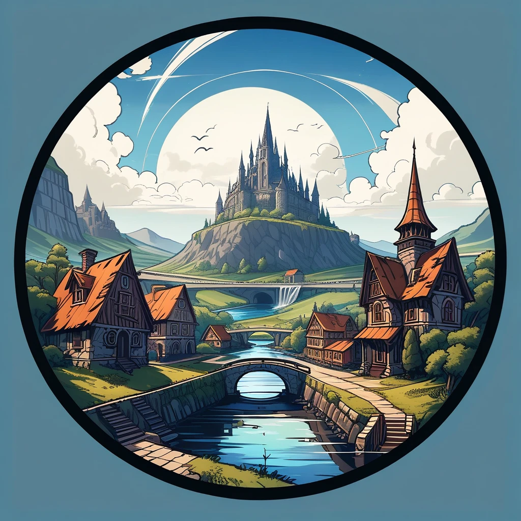 masterpiece，best quality,
circle icon, content in the circle icon, simple background,
(best quality, ultra detailed), landscape, scenery, no humans, cloud, sky, day, tree, mountain, outdoors, science fiction, blue sky, water, building, fantasy, river, grass, landscape, tower, cloudy sky, bridge, castle, lake, city, road, nature, mecha, condensation trail, arch, ruins, cliff, mountainous horizon, spire, plant, overgrown, waterfall, floating island, forest, architecture, airship, cityscape, bush, hill, moss, leaf, bird, floating city, pillar, dome, window, aircraft, town, valley, path, sunlight, robot, canal, horizon, floating castle, cable, ocean, space craft, island, wind, vines, village, rock, flying, stairs, pond, column, light particles, stream, cumulonimbus cloud, railing, watercraft, post-apocalypse, machinery, summer, abandoned, shore, skyscraper, radio antenna, power lines, giant tree, field, puddle, steampunk, chimney, rust, machine, shade, gears