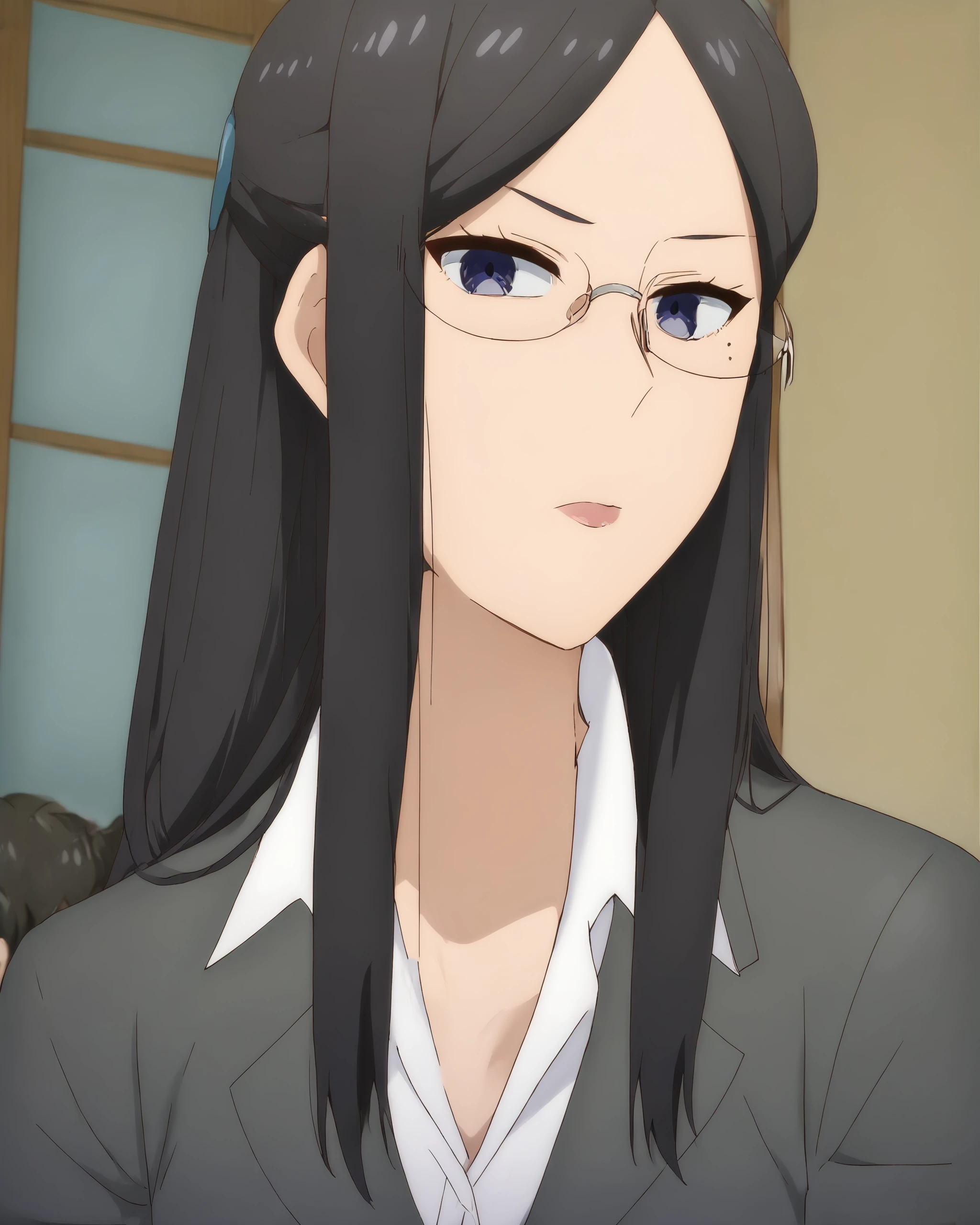 score_9, score_8_up, score_7_up, source_anime, indoors, BREAK
in a Japanese office, facing the  viewer, neutral expression,
 <lora:Misaki_Gundou:1>Misaki Gundou, mole under eye, black hair, long hair, blue eyes, girl grabbing her ass, glasses, jacket, formal,