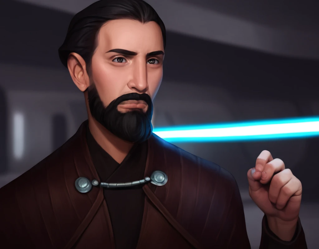 score_9, score_8_up, score_7_up, score_6_up, score_5_up, score_4_up,  photorealistic, realistic,  Young-Dooku, Star Wars, solo, full body, short hair, black hair, 1boy, closed mouth, upper body, beard, mustache, male focus, trousers, boots, lightsaber, blurry background, spacecraft interior, <lora:Younger_Count_Dooku:1>