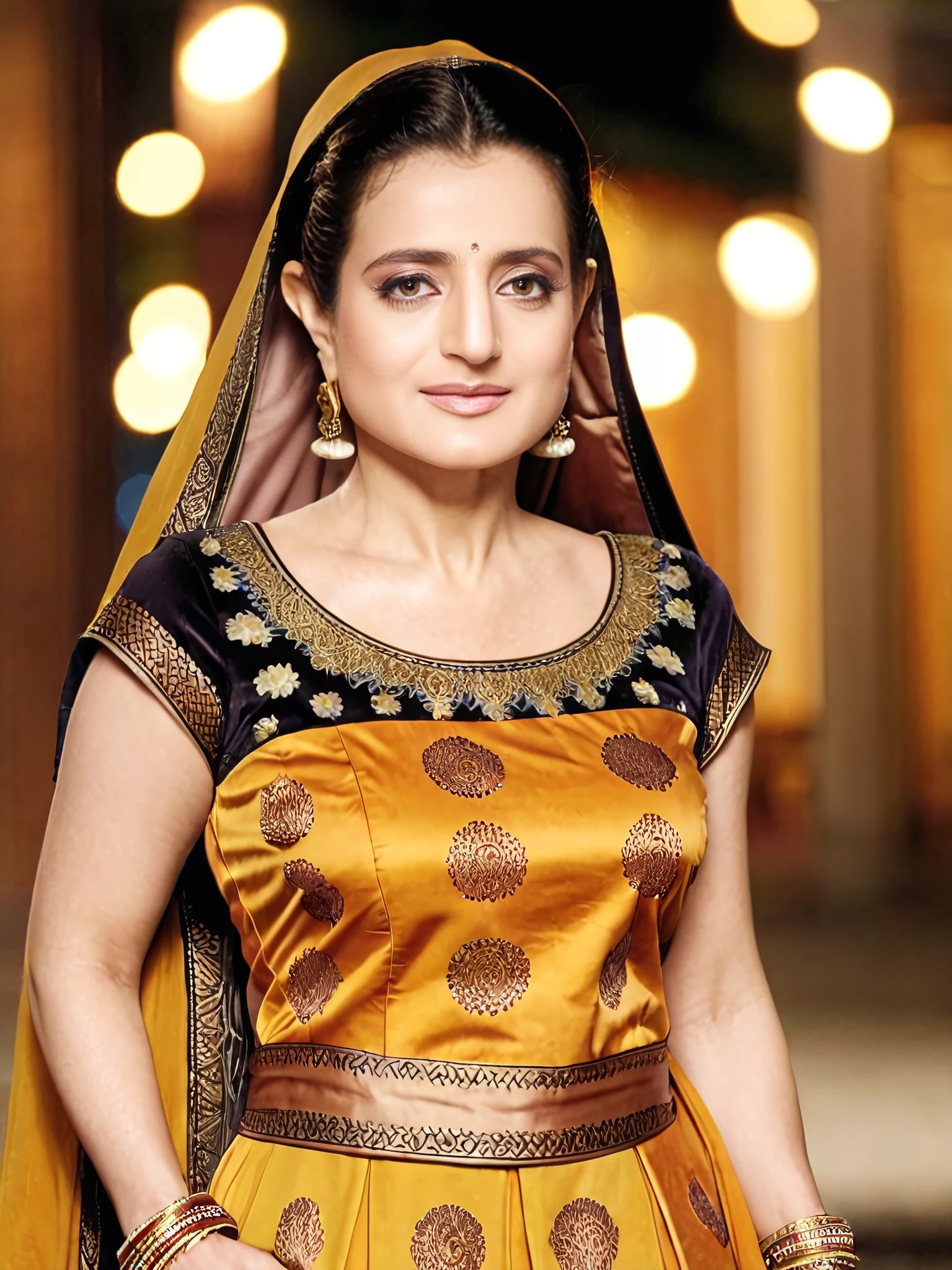 full body photo of ameesha patel woman, solo, , smile, looking at the camera,  Ochre ethnic clothing, night time, contrasting background bokeh  <lora:Ameesha_Patel_SDXL_LoRA_prodigy_local_xformers:1>