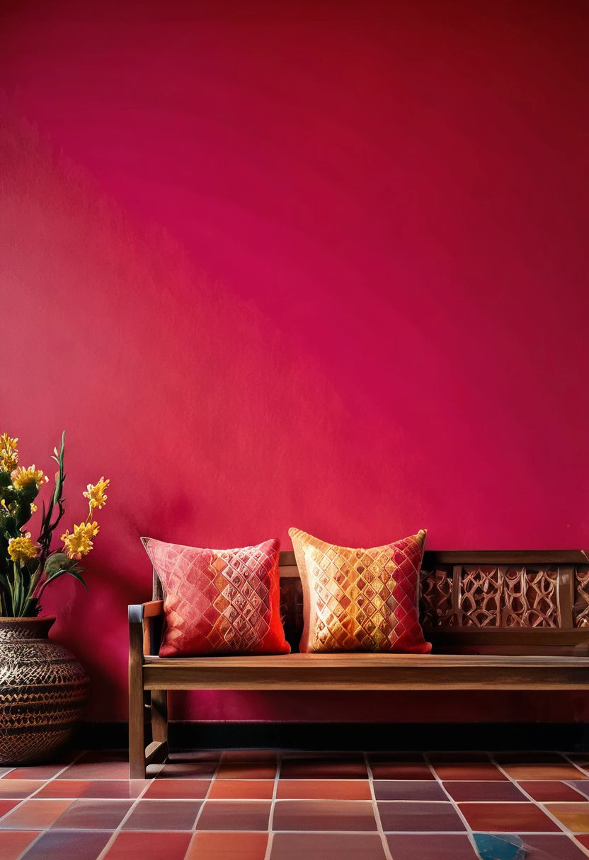 A stunning and vibrant modern living room, featuring a traditional Indian sofa and a mesmerizing array of colorful rangoli designs on the floor. In the center, a golden tray holds small sweets, surrounded by a beautiful, intricate pattern. A person is seen in the background, admiring the artwork with a sense of awe. The bokeh background creates a dreamy atmosphere, with soft, blurred lights that accentuate the intricate details of the rangoli and the warm, inviting ambiance of the space. Indian_Building, InteriorType:UrbanLivingRoom