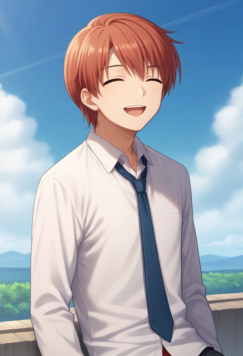 score_9, score_8_up, score_7_up, source_anime, highly detailed, 
yuzuru, 1boy, male focus, necktie, solo, sky, open mouth, cloud, day, shirt, outdoors, white shirt, red hair, red eyes, smile, closed eyes,
outdoor, sky, sit,