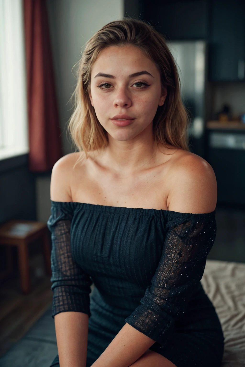 beautiful woman in dark studio, wearing beautiful off-shoulder dress, youtuber, presenting <lora:[US]_-_Snarky_Jay:1> mt-snarkyjay, RAW candid cinema, 16mm, color graded portra 400 film, remarkable color, ultra realistic, textured skin, remarkable detailed pupils, realistic dull skin noise, visible skin detail, skin fuzz, dry skin, shot with cinematic camera