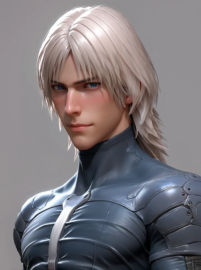 score_9, score_8_up, score_7_up, score_6_up, ((portrait:1.1)), source_anime, realistic, 1boy, closeup, raiden_a, solo, white hair, blue eyes, armor, rib cage in armor, bodysuit, (armor:1.1), blush, shy, smile, looking at viewer, (skinny:1.1) ,<lora:Raiden_a-000001:0.7>, ((facing viewer:1.45))