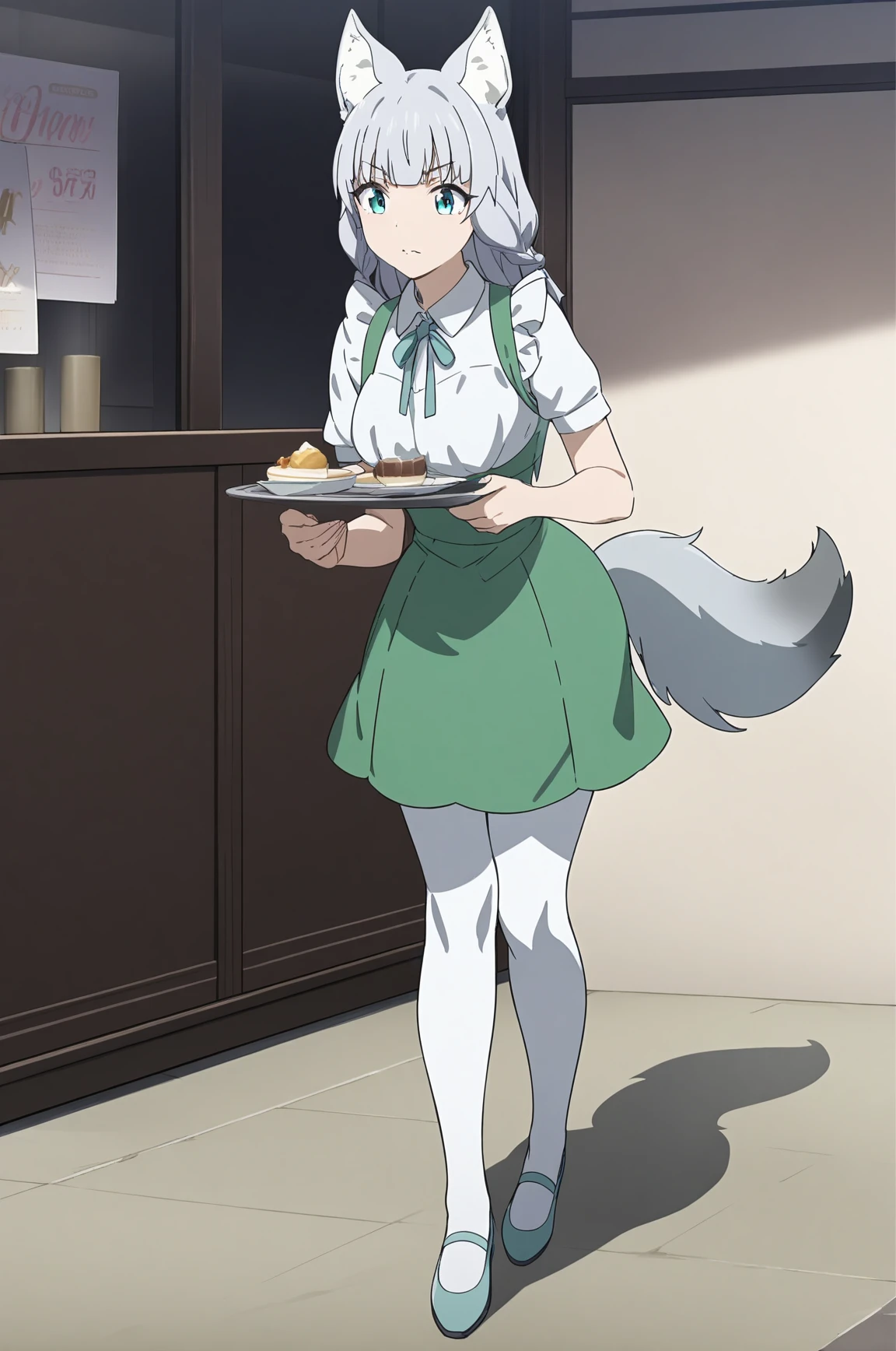 green dress pantyhose flats waitress, kemo-shigure, wolf tail, 1girl, solo, narrow waist, masterpiece, absurdres, high quality, highres, best quality, (full body:1.20), recent <lora:kemo-shigure-V01-000003:0.7>