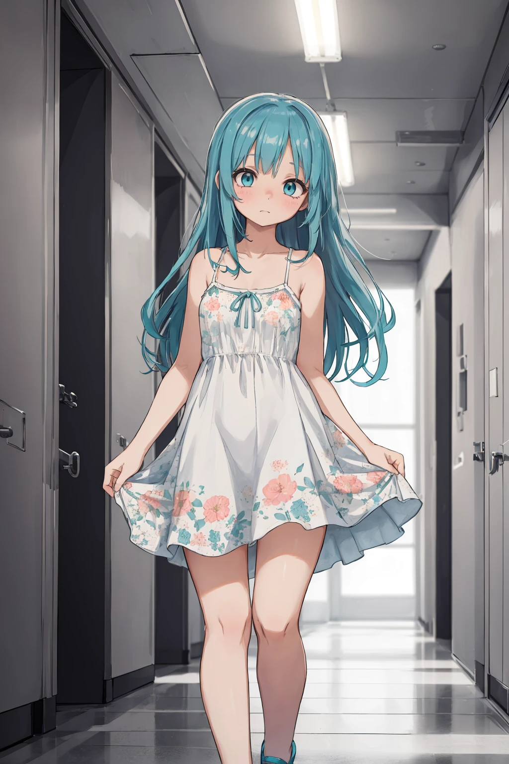 (depth of field:1.5),(high resolution:1.1) BREAK
(A student nervously pacing the hallway outside the teacher's lounge.:1.3) BREAK
1girl,Standing on tiptoes reaching upward,long hair,(Smoky Teal eyes:1.3) BREAK
A-line floral sundress with spaghetti straps BREAK