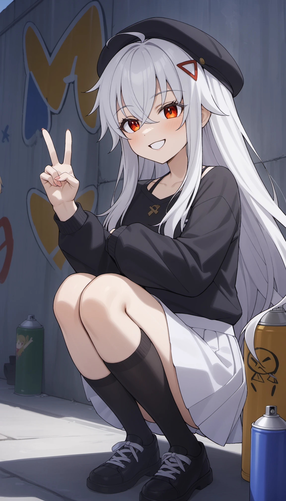 1girl, chiyo, chrono ark, red eyes, white hair, hair accessory, bright pupils,
drawing,  graffiti, wall, street, squatting, v, one eye closed, smile, spray can, spray paint , holding can, black hat, black shirt, white skirt, black socks,
masterpiece, best quality, very aesthetic, newest, cinematic lighting, highres, absurdres, incredibly absurdres  <lora:CulturedDiffusion_Chiyo_Chrono_Ark_AniXLV31:0.5>