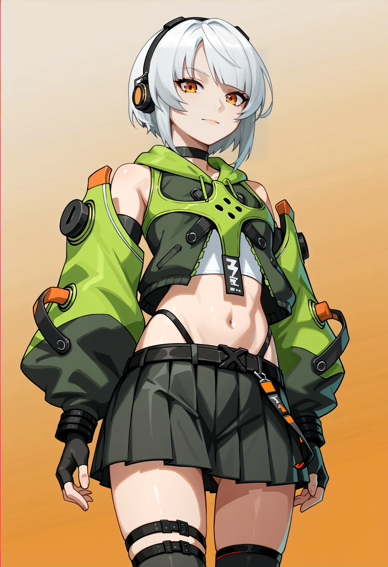 Anby style, 8k, hdr, ureal engine, ultra quality, sitting, anbydemara, anby demara, (orange eyes:1.5), short hair, white hair,
BREAK bare shoulders, black gloves, black skirt, black thighhighs, fingerless gloves, gloves, green jacket, headphones, jacket, navel, skirt, stomach, thighhighs,golden earrings, cute, full body, bukkake, after sex, torned clothes, sweat, oiled skin, used, fucked silly,