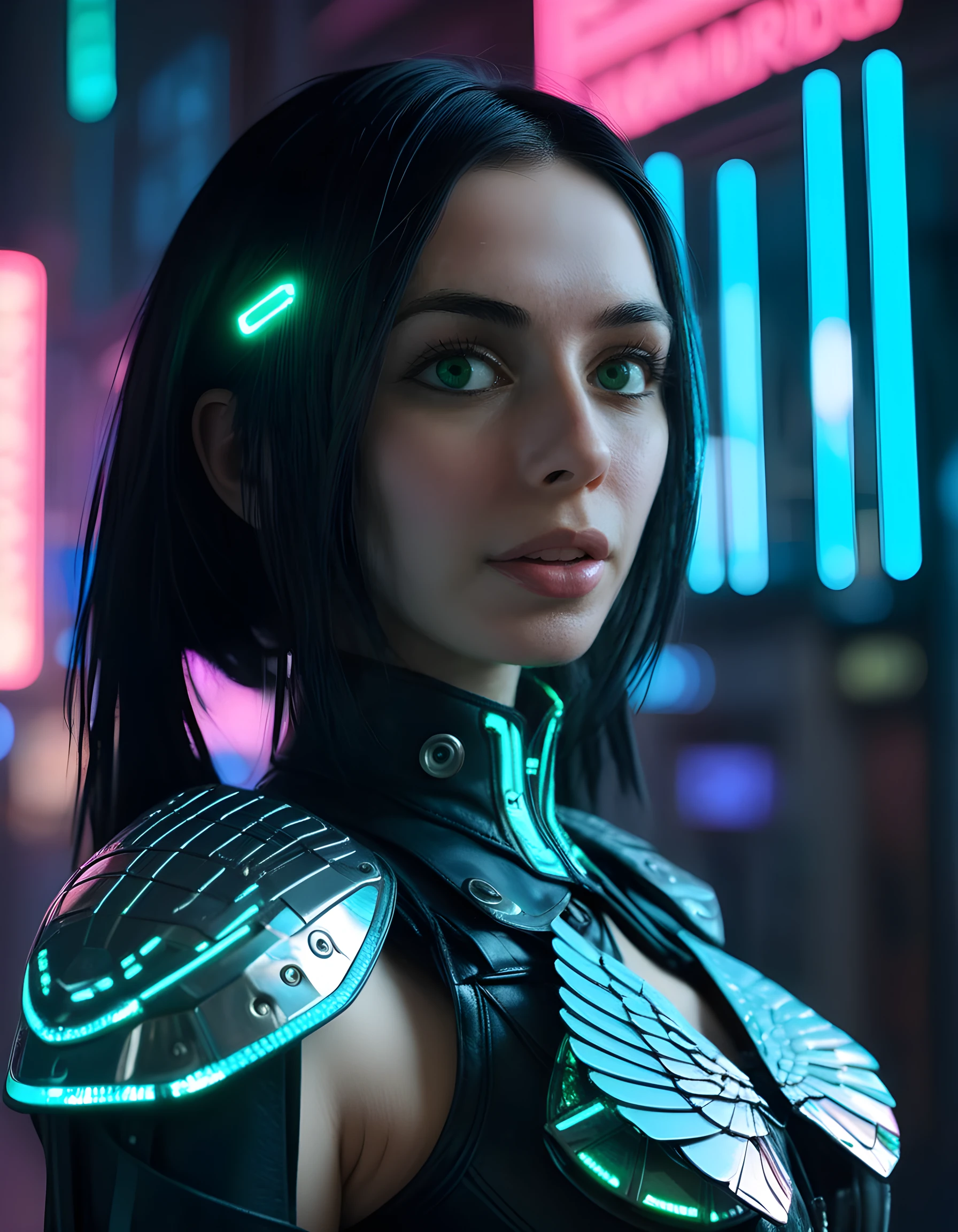 In a dimly lit, futuristic cyberpunk den, the silhouette of S4R4D, a woman with long, sleek black hair cascading down her back, is sharply focused. Her piercing green eyes gaze intently at the viewer, her facial features accentuated by neon-blue highlights from the holographic lights above. Her unique outfit, a blend of leather and futuristic materials, shimmers with a cybernetic pattern, contrasting against the grungy, industrial background. The camera angle is slightly low, capturing her from the waist up, emphasizing the intricate details of her armored corset and the sharp angles of her wing-like shoulder pads. Her lips are parted slightly as if about to speak, and a holographic veil obscures the lower half of her face, adding an enigmatic air to the image. The blurry background shows a neon cityscape, pulsating with life and energy, further highlighting S4R4D's commanding presence in this dystopian world.