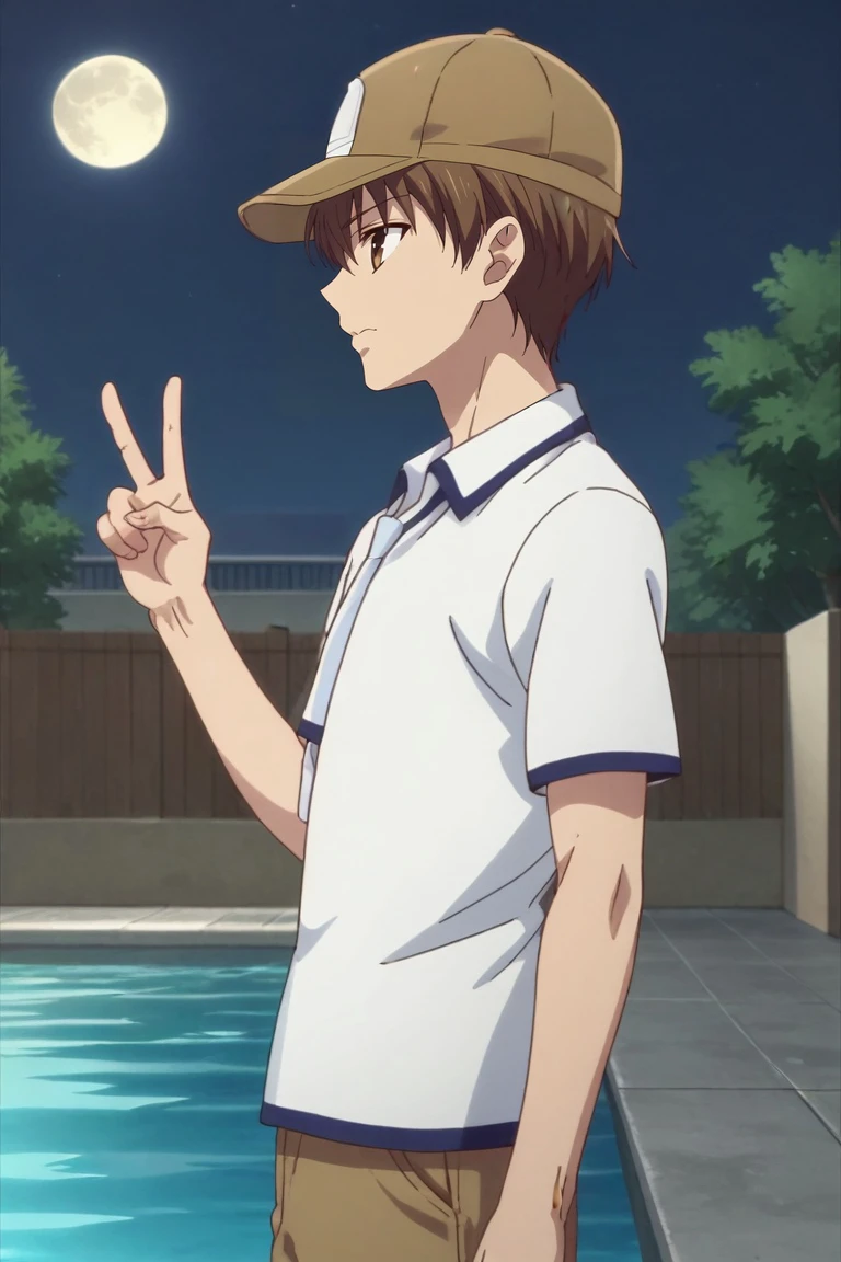 score_9, score_8_up, score_7_up, , rating_safe, intricate details, anime screencap, , , , , 1boy, solo, male focus, <lora:naohito_sakuragi_pony:0.98>, naohito_sakuragi, brown hair, brown eyes, short hair, profile, pool, night, full moon, v, peace sign, wavy mouth, closed mouth, cargo pants, flat cap, <lora:sdxl_lightning_8step_lora:1>