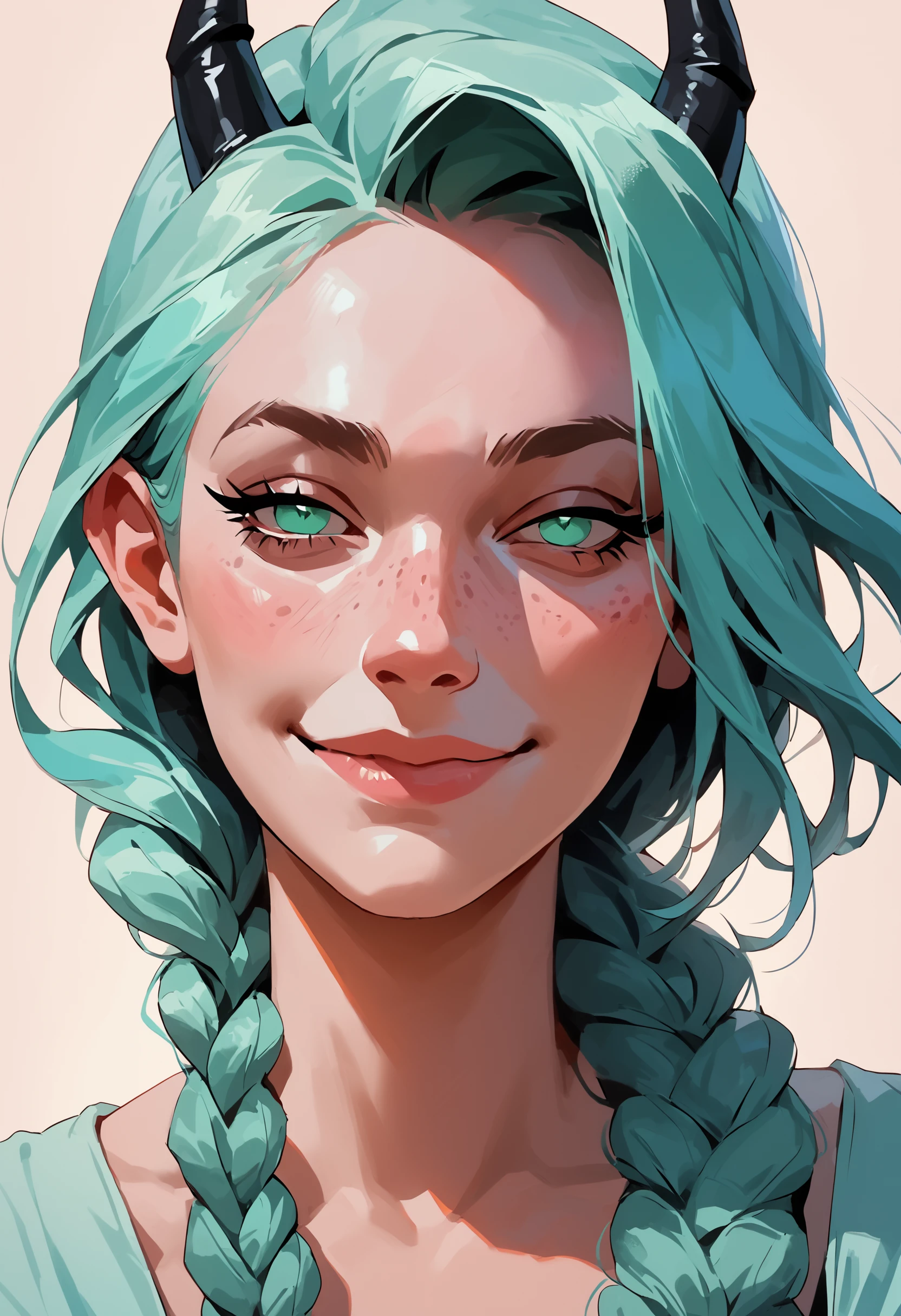 score_9, score_8_up, score_7_up, portrait, closeup, 1girl, dreamy eyes, ((devil horns)), mint blue hair, braided ponytail, freckles, light smile, half closed eyes,
<lora:scav3ngersV4_epoch_3:1>