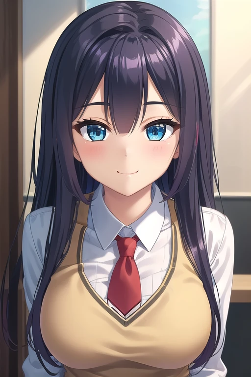 ((masterpiece)),(best quality),official art,extremely delicate and beautiful,extremely detailed CG,unity 8k wallpaper,ultra detailed,beautiful detailed eyes,extremely detailed face,outdoors,1girl,solo,upper body,(portrait:1.5),looking at viewer,facing viewer,smile,Morimiya Saki,long hair,purple hair,hair intakes,sidelocks,hair between eyes,parted bangs,blue eyes,school uniform,yellow vest,red neckwear,white shirt,collared shirt,long sleeves,large breasts,skindentation,miniskirt,red skirt,pleated skirt,black socks,loafers,<lora:Morimiya Saki(tj3)>,