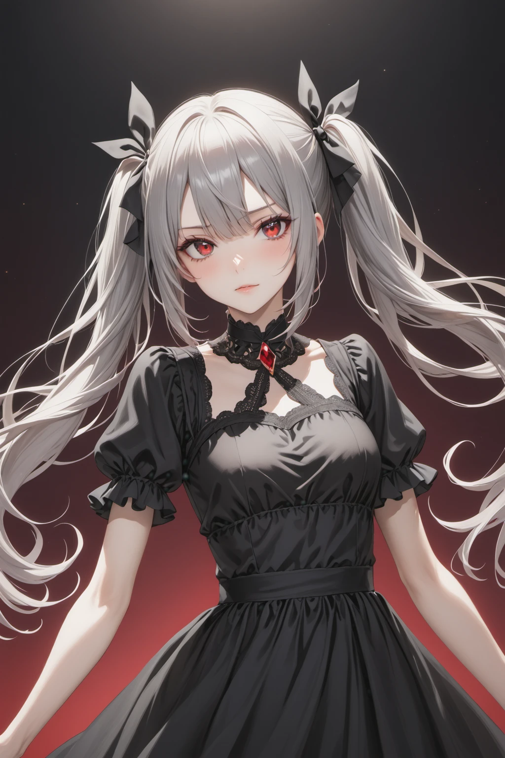 gray hair, twintail, red eyes, black dress