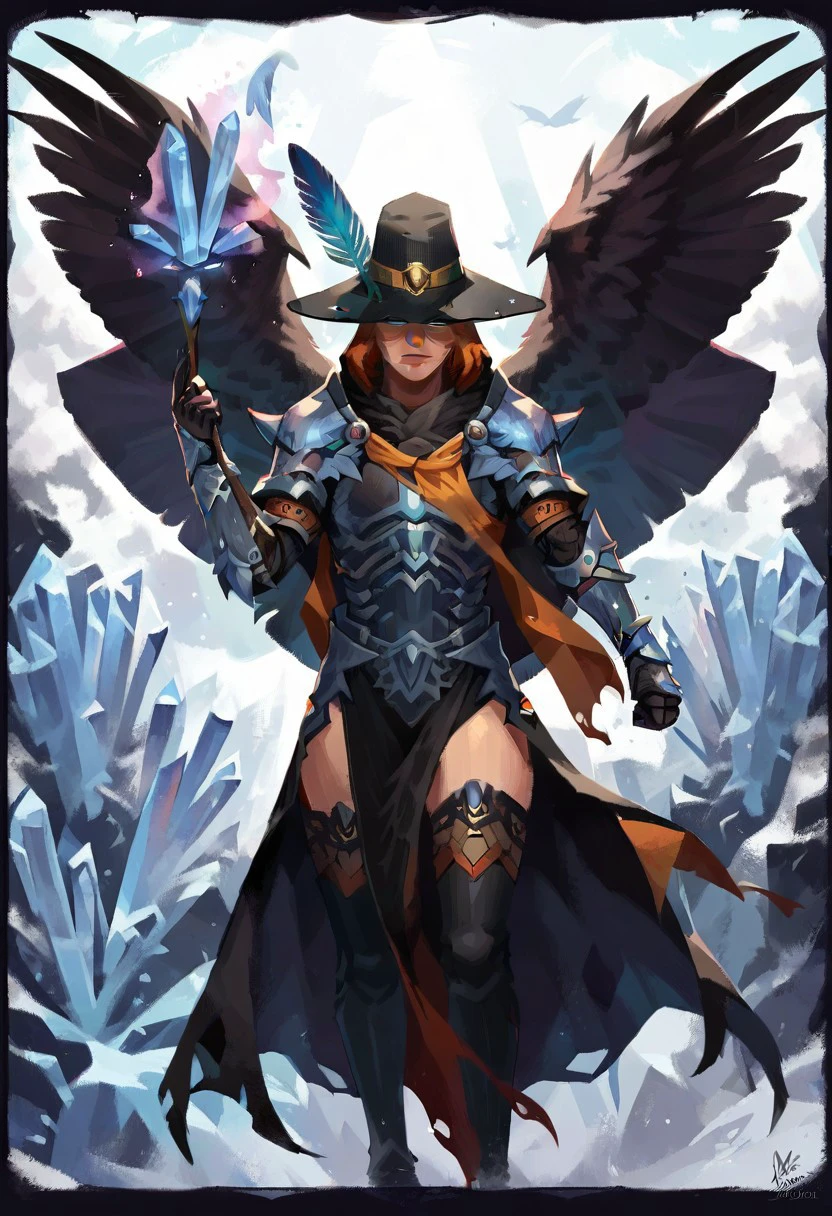 score_9, score_8_up, 1girl, solo, robot, wings, alternate costume, bug, hat feather, vambraces, sheath, cloak, thighhighs, magic, hat, crystal, holding weapon, shoulder armor