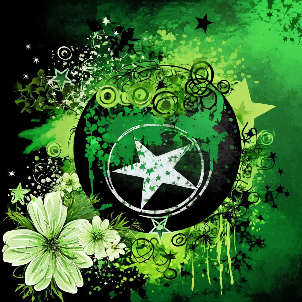 no humans, green theme, black background, grunge, flowers, stars (symbol), UHD, 8K, high resolution, ultra detailed