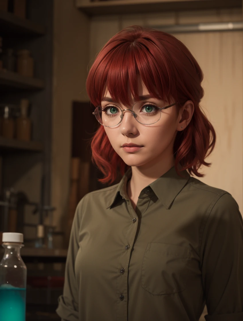 masterpiece, best quality,
disney, pixar,
<lora:dahlia.sd15.v1:0.35> dahlia,
red hair,
1girl,solo, teenager,
brown shirt, collared shirt,
grey glasses,
green eyes,
serious, stern looking,
standing,
indoors, laboratory, tools, dark, night,