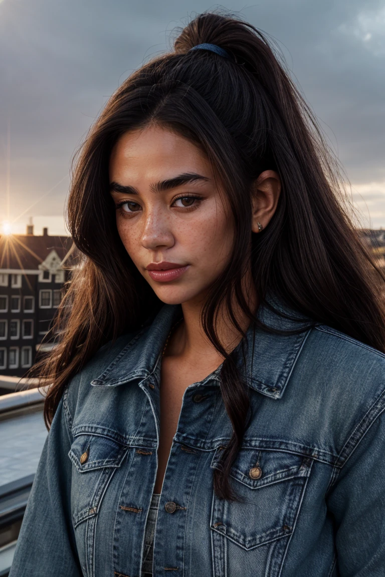 (Medium close-up:1.3) Tower13_Spice (smile:1.3) (skinny, slim, slender, narrow waist:1.3)BREAK (Wearing Blue ribbed cotton Fitted midi dress, denim jacket, sneakers:1.3) BREAK (On The Rooftop , in Amsterdam:1.3) ((Photo Focus, DOF, Aperture, insanely detailed and intricate, character, hypermaximalist, hyper realistic, super detailed, (lens flare)))<lora:exposure_control_v10:-0.2> <lora:more_details:0.3>