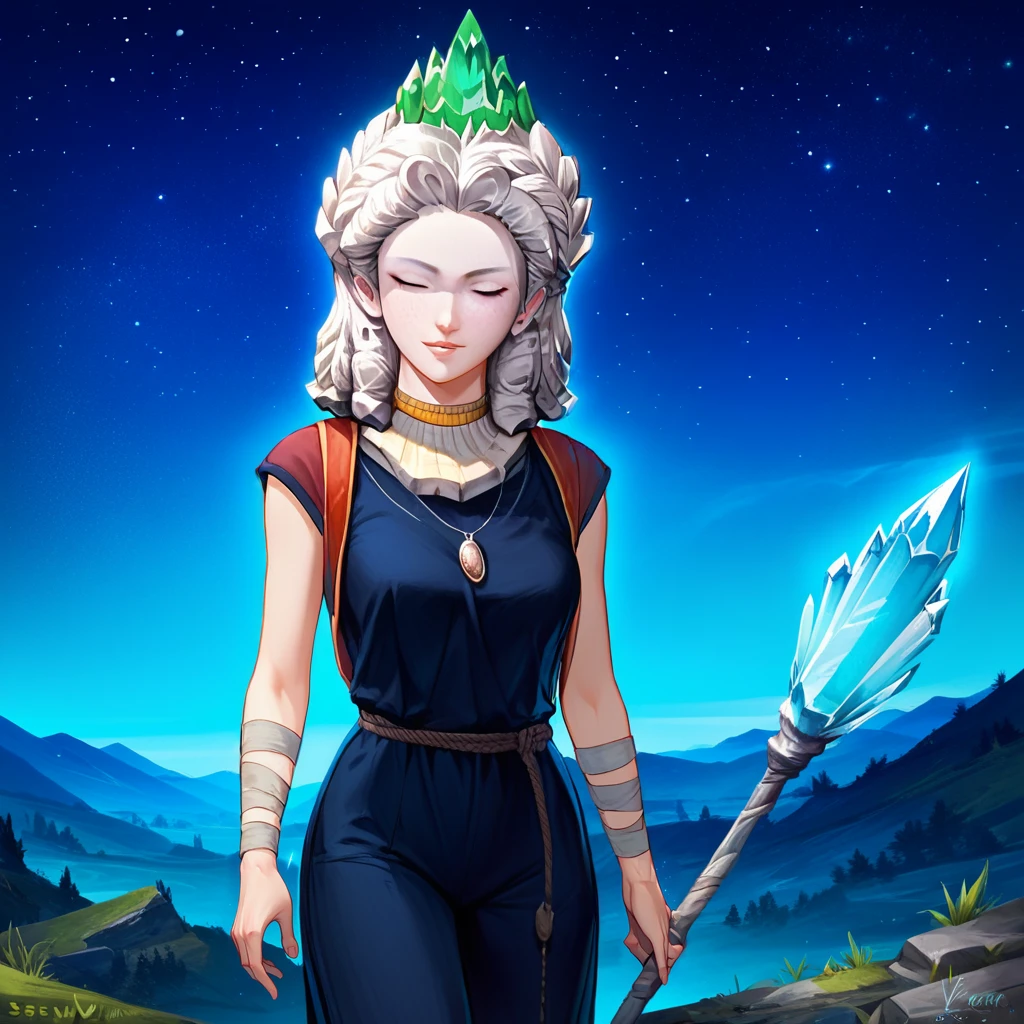 1girl,solo focus, cowboy shot,dutch angle,<lora:sel (4):1>,sorceress sellen,magican,bandaged foot,necklace,stone helmet,covered face, facing viewer,standing,holding staff,outdoors,cliff,night,night sky,star \(sky\),crystal, aurora, meteor shower,, score_9, score_8_up, score_7_up, perfect anatomy, source_anime, zPDXL2,