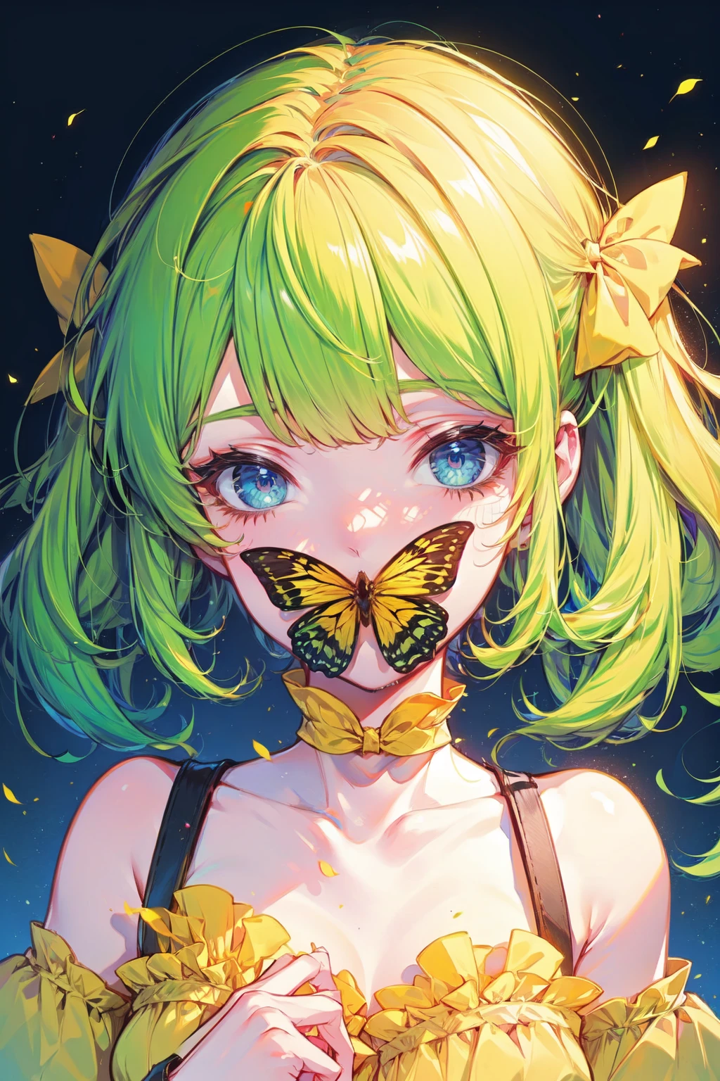 ((best quality, masterpiece, absurbres, super-resolution)), 1girl, portrait, butt3rflym0uth, (Yellow butterfly), (Green background:1.2), <lora:butt3rflym0uth_v38:1>