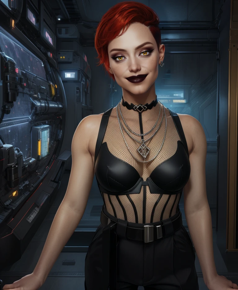 aurore,yellow eyes,red hair,short hair,
makeup,choker,belt,necklace,fishnet top,looking at viewer,black pants,cleavage,
light smile,sleeveless,
science fiction,night,night club,
(insanely detailed, masterpiece, best quality),solo,<lora:aurorecassel:0.7>,