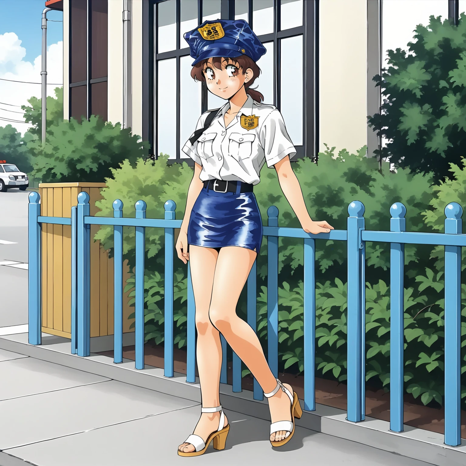 <lora:SMPKyokoSakuradaXLpony001>,
solo,
KyokoSakurada,1girl,brown hair,low ponytail,brown eyes,
police hat,
white shirt,short_sleeves,
mini skirt,
sandals,high_heels,
outdoors,
full body,