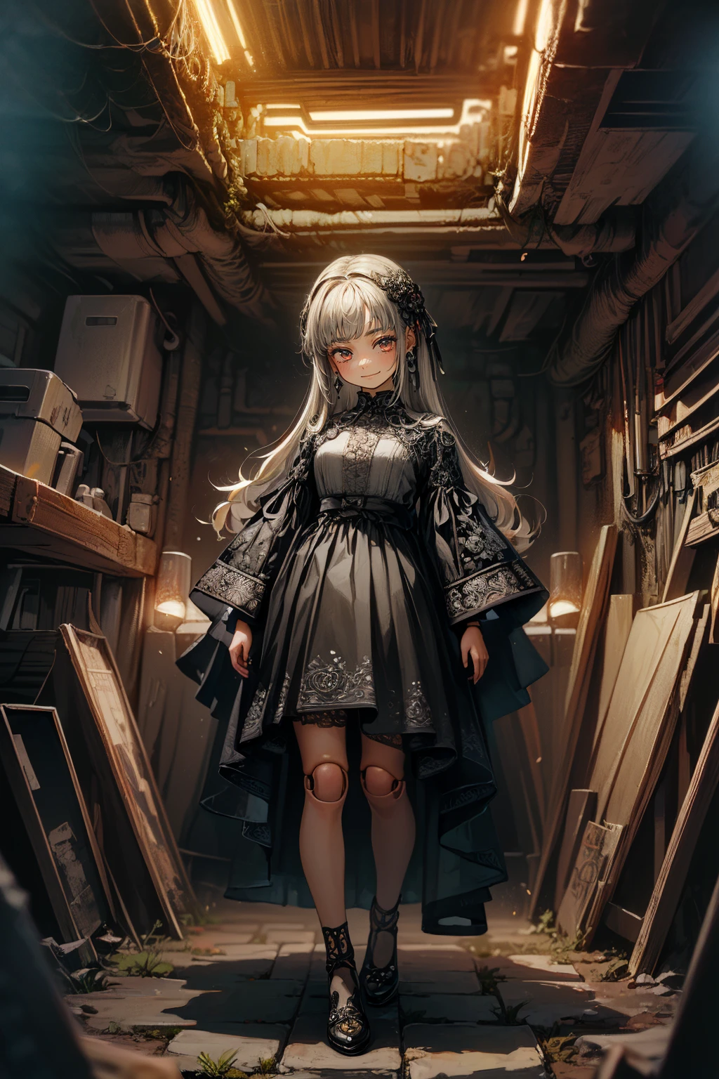 <lora:add_detail:0.7>, (masterpiece, top quality, extremely detailed, best quality, intricate details, beautiful and aesthetic:1.3), (1girl:1.3), (solo:1.3), <lora:akai-mi+NAI1-000009:1> akai-mi+, <lora:doll_joints_v0.1:1> doll joints <lora:Gothpunkgirl:0.7> goth, cyberpunk, wide angle, wide shot, full body, runway, light, claw pose, smirk, crossed bangs, long hair, straight hair, hazel hair