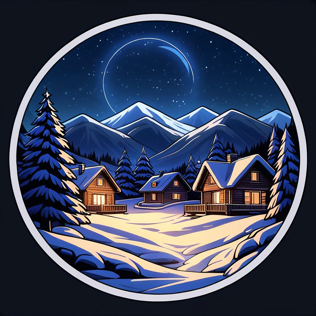 masterpiece，best quality,
circle icon, content in the circle icon, simple background,
snow, scenery, outdoors, house, sky, mountain, star \(sky\), no humans, night, starry sky, tree, night sky, winter, nature, pine tree, building, forest, mountainous horizon, village, masterpiece, best quality, very aesthetic, absurdres,