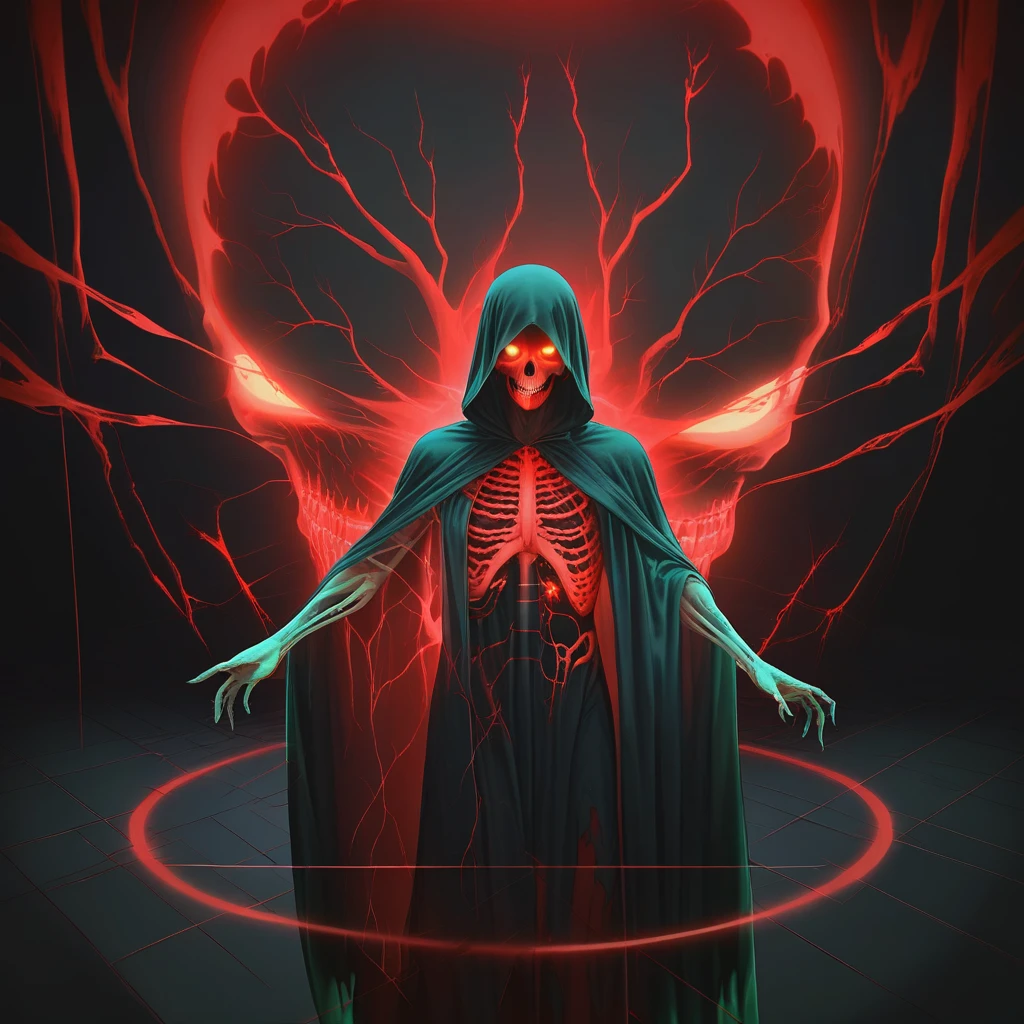 quanxi3d,a holographic projection,A terrifying specter with a twisted visage, eyes glowing with a deep red light, clad in tattered black cloak, emerges from the shadows, exuding an aura of death., with a green light, with a black background , gridlines,<lora:quanxi31305-000028:1>