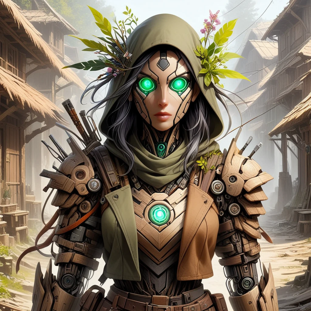 NaturePunk, A hooded rogue walking through a town, her hair is black with flowers, wood and stone and glowing technology, nature and tech combined, concept art, realistic, facing us, android