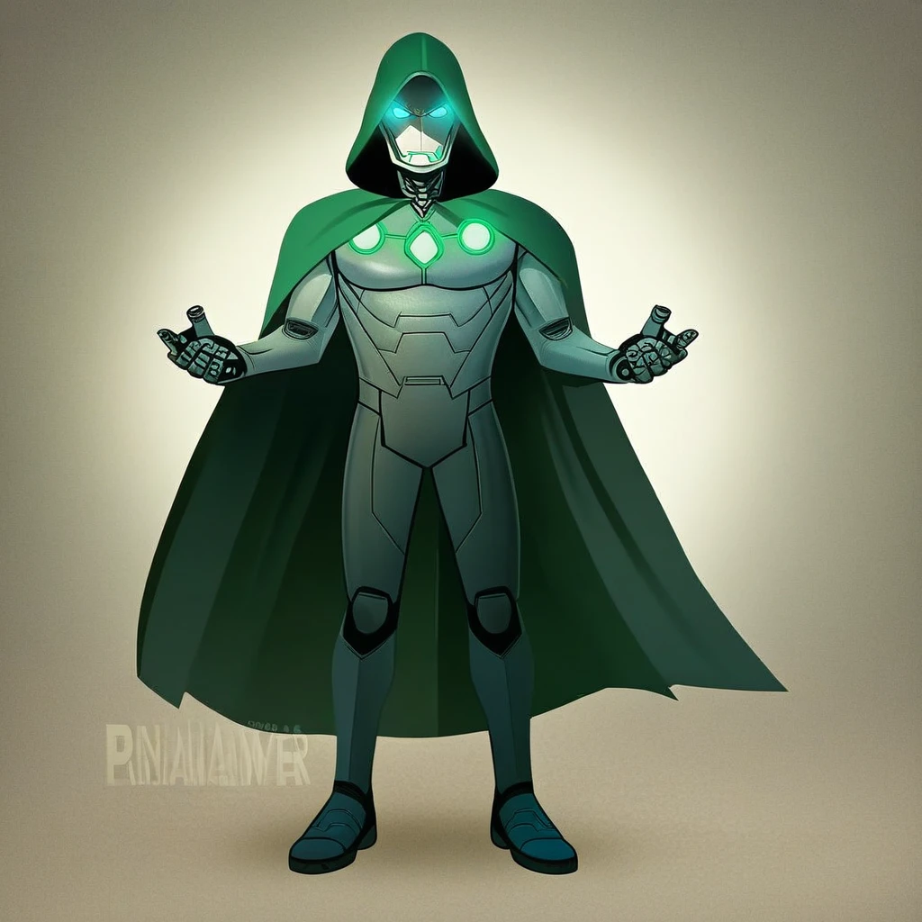 source_comics, source_cartoon, source_marvel, score_9, score_8_up, score_7_up, SunsetRiders7 art style, western, high quality, front view, full body, accurate proportions, accurate anatomy, perfect anatomy, infamous iron man, power armor, green hood, hood up, green cape, green eyes, glowing eyes