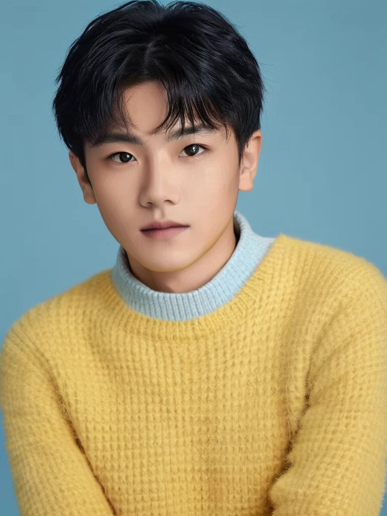A boy, half length photo, with jet black hair, facing the camera, wearing a yellow knitted sweater, with a light blue background, high-definition realism, 8k