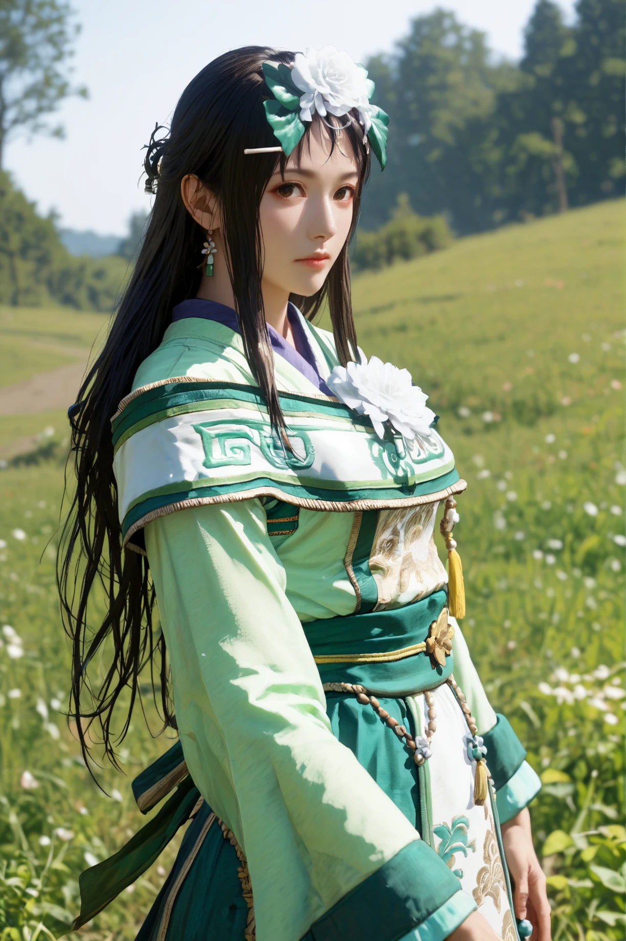 score_9, score_8_up, score_7_up , masterpiece, best quality, perfect anatomy, BREAK <lora:Xiahouji_Dynasty_Warrior:0.7> 1girl, solo, long hair, black hair, hair flower, chinese clothes, cowboy shot, looking at viewer