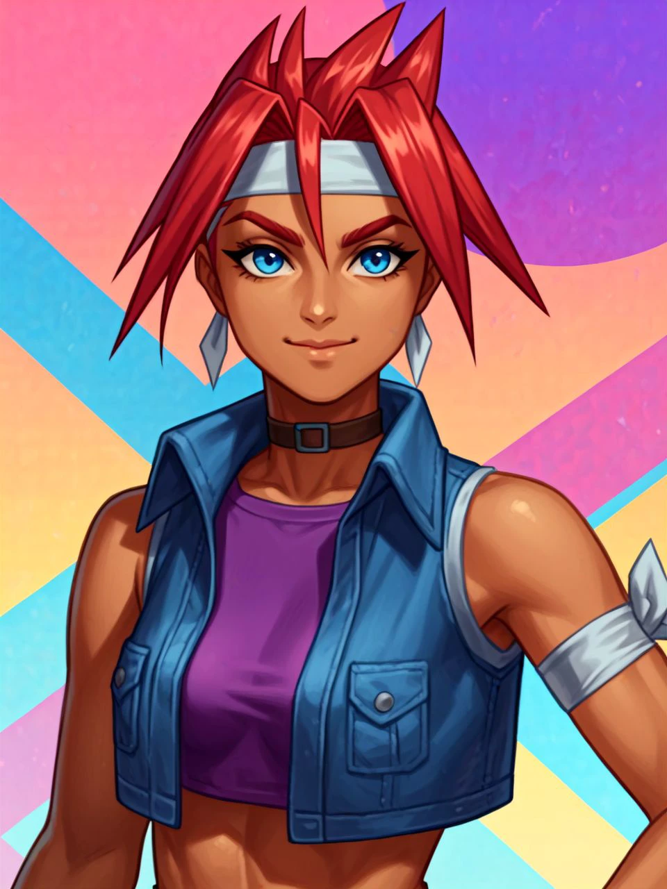 score_8_up, score_7_up, 
dark-skinned female, athletic female, red hair, blue eyes, headband, belt choker, 
denim vest, purple crop top, 
solo, closed-mouth light smile, looking at viewer, upper body portrait, abstract colorful textured backdrop, 
<lora:midoriEZ_PDXL:1> midoriez,