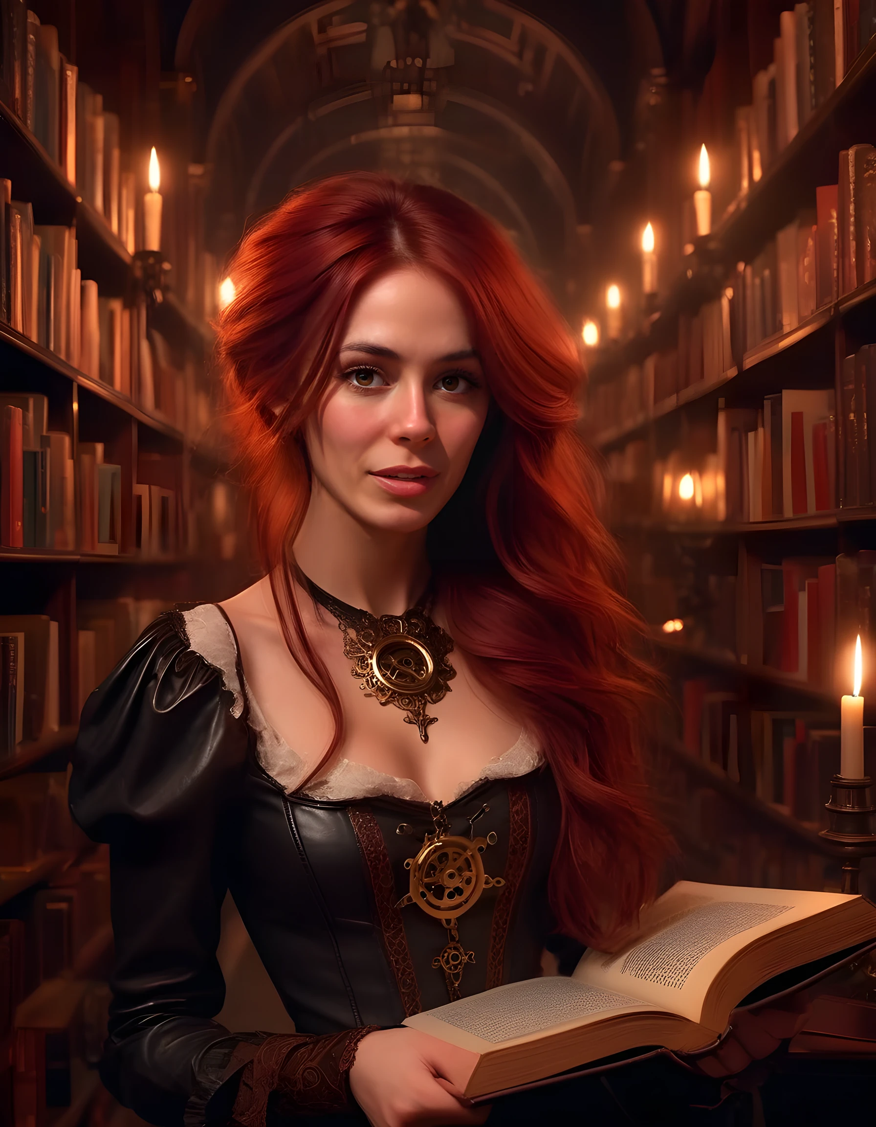 In a dimly lit, Victorian-era library, the enigmatic S4R4D stands solo and poised, her long, fiery red hair cascading down her shoulders like a crimson waterfall. Her expressive, deep-brown eyes are fixed intently on the viewer, her parted lips slightly agape in a seductive smirk. She wears an eccentric, steampunk-inspired outfit adorned with intricate brass gears and polished copper accents, the details of which are blurred by the soft, dancing shadows cast by the flickering candlelight. Her sharp teeth glint in the dim light as she clutches a large, leather-bound book, her finger tracing the edge of an open page filled with mysterious, arcane symbols. The camera angle is low and slightly off-center, emphasizing her imposing presence and drawing the viewer into the hypnotic mystery that surrounds her.