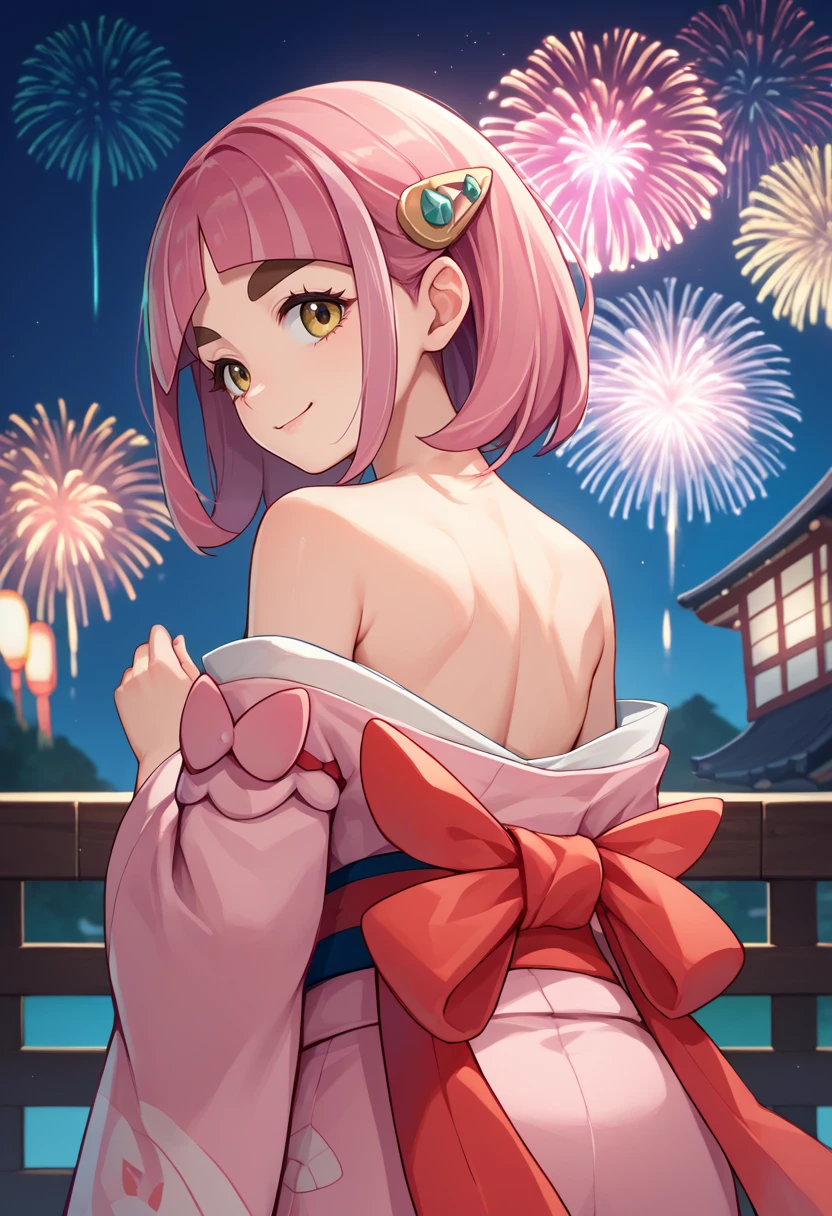 score_9, score_8_up, score_7_up, source_anime, from behind, solo, 1girl, pokemonlacey, smile, looking back, arched bangs, hairclip, eyelashes, thick eyebrows, japanese clothes, pink kimono, off shoulder, red sash, bare shoulders, fireworks <lora:pokemon_lacey_ponyXL:1>