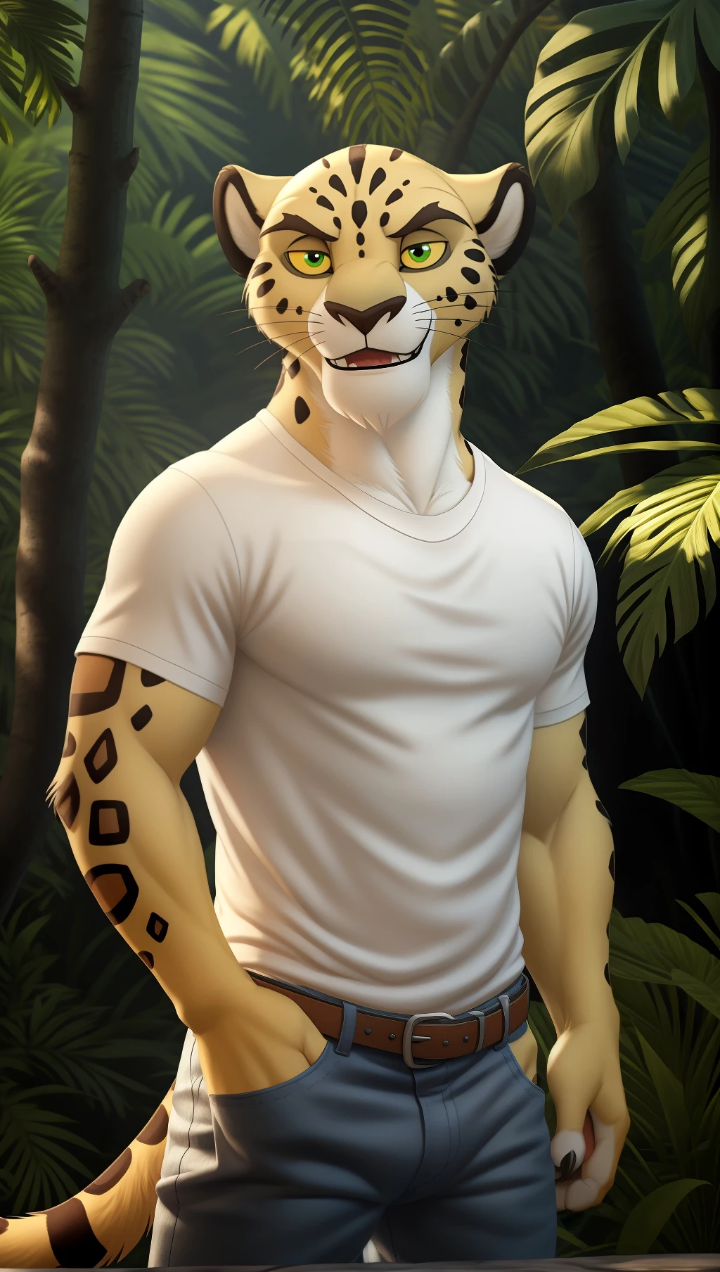 Solo <lora:ADB4ED19AF:0.7>  anthro, leopard, Makucha, male, yellow sclera, green eyes, realistic fur, realistic, photorealistic, ultra-realistic, 4k, perfect hands, by zackarry911, by zaush,(insanely detailed, masterpiece, realistic, realistic fur, best quality),  (by personalami:0.7) (maple story:0.8),solo, looking at viewer, smile, shirt, 1boy, jungle, trees , male focus, belt, pants, black shirt, denim, jeans,