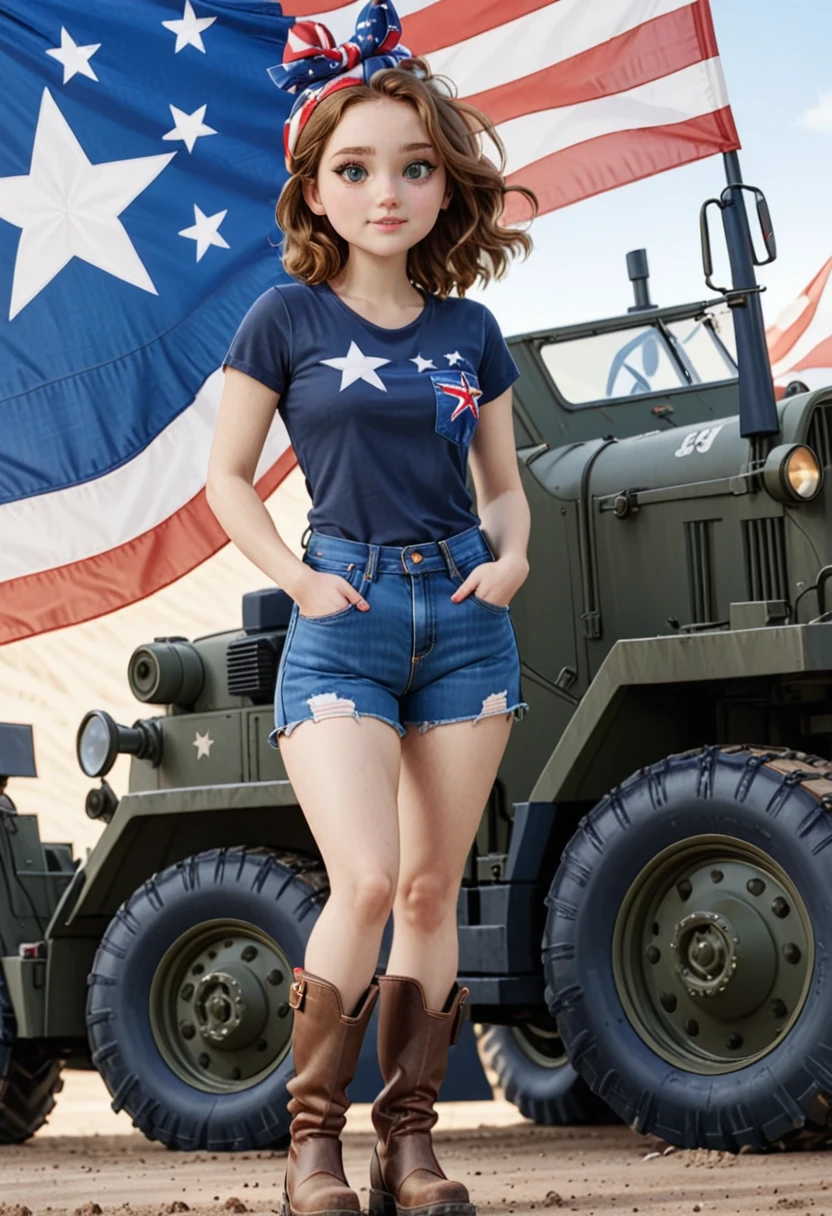 (in the style of pixar:1.6) <lora:Jamie - The RBAAG_epoch_10:0.8>J4mi3, 1girl, bandana, boots, brown hair, denim, flag background, freckles, ground vehicle, looking at viewer, patriotic, pocket, solo, subsurface scattering, Photorealistic, Hyperrealistic, analog style, realistic, film photography, soft lighting, heavy shadow