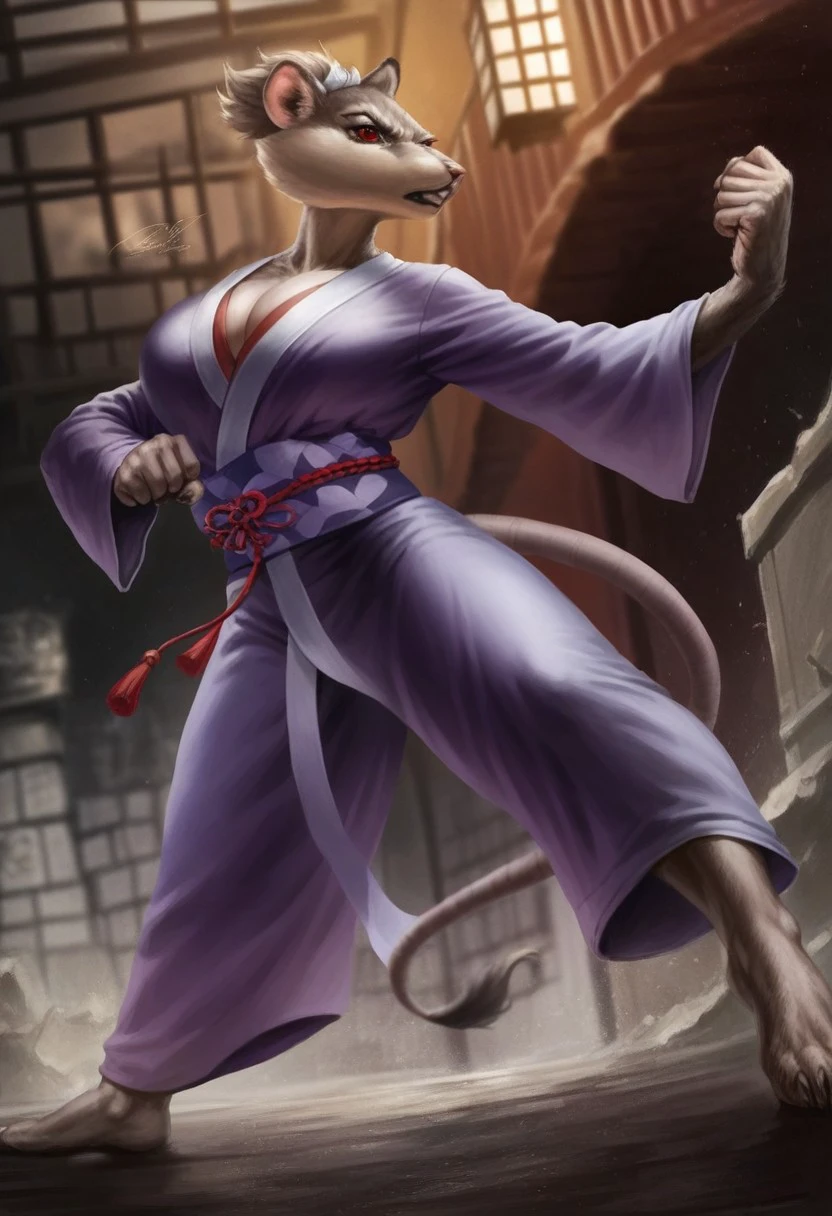 score_9_up, score_8_up, score_7_up, score_6_up, 1girl, solo, fem_splinter, furry female, red eyes, japanese clothes, kimono, huge breasts, cleavage, bandages, (standing in a sewer:1.3), fierce expression, (fighting stance:1.2), karate kick, (realistic), (painted art:1.2)