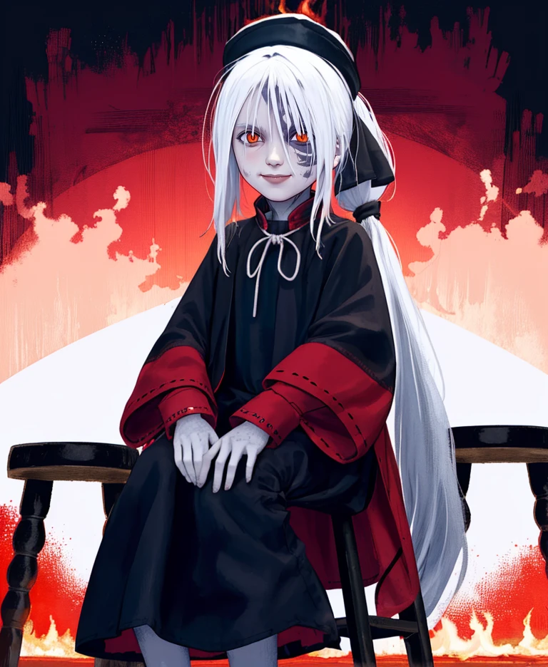 thepinter,orange eyes,slit pupils,white hair,long ponytail,pale skin,scales,facial mark,
black dress,red caplet,long sleeves,hat,light smile,
dark,dim lighting,flames,sitting,stool,
(insanely detailed,  masterpiece, best quality),solo,<lora:thepainter-D3a-28:0.8 >,