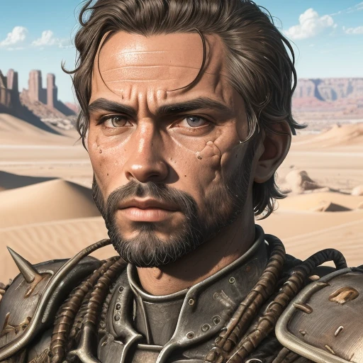 <lora:Metal_Armor_Fallout:0.8> falloutmetal, armor, gray armor, breastplate, gloves, full_armor, male, desert, deserted town, standing, prominent jawline, character portrait, black hair , close-up, beard, shaggy hair, best quality, masterpiece, detailed, 8K, uhd, (extremely detailed CG unity 8k wallpaper),(masterpiece), (best quality), (ultra-detailed), (best illustration), detailed face, skin pores, detailed skin, detailed eyes, high quality eyes, good quality hands, high resolution, great anatomy