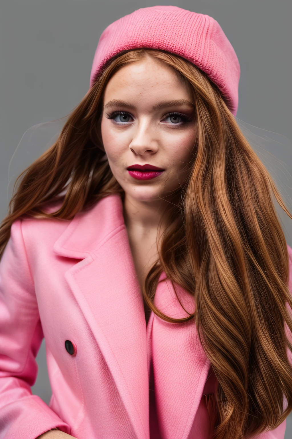 sssink, pink coat, scarf, winter hat, ((contrapposto)) professional portrait of 1girl (Makeup: eyeliner, eye shadow, lipstick) (wavy hair, orange hair), lips, youthful, pretty face, blue eyes, face details, looking at viewer, parted lips,(neon lights blurry, city, urban), sharp focus, <as_youngv2>, <likenesshelpbyshurik3>