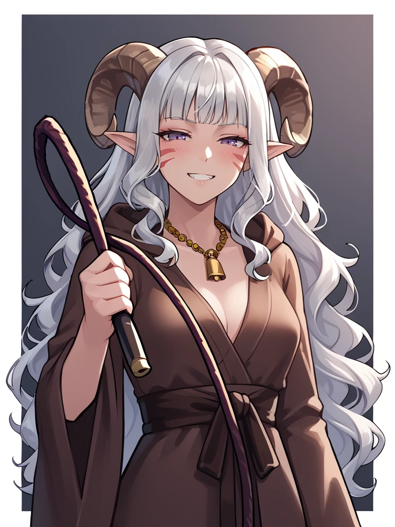 <lora:whip:0.8> holding_whip, holding weapon, whipping, whip,, source_furry, score_7_up, rating_safe, cowboy shot, gold necklace, tiefing, short pointed ears, brown horns, (a pair of brown sheep Horns that begin at her temples and curve back: 1.5), bangs, long silver hair long wavy hair, pale skin, <lora:whisker_markings:0.8>red whisker_markings ,short pointy ears, purple eyes, <lora:age_slider_v4:0.6> medium breasts, skinny female, close up, silver hair, <lora:Tieflingnew weird fantasyDND:0.3> Tiefling, pointed ears, horns, half-closed eyes<lora:Smooth Style 2 SDXL_LoRA_Pony Diffusion V6 XL:0.5> bell, robe, hood off, grin, blush,